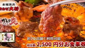 豊川国府店でも使える！Eクーポンにて焼肉のがんこ炎で使える2,500円分のお食事券が1,250円で販売中！